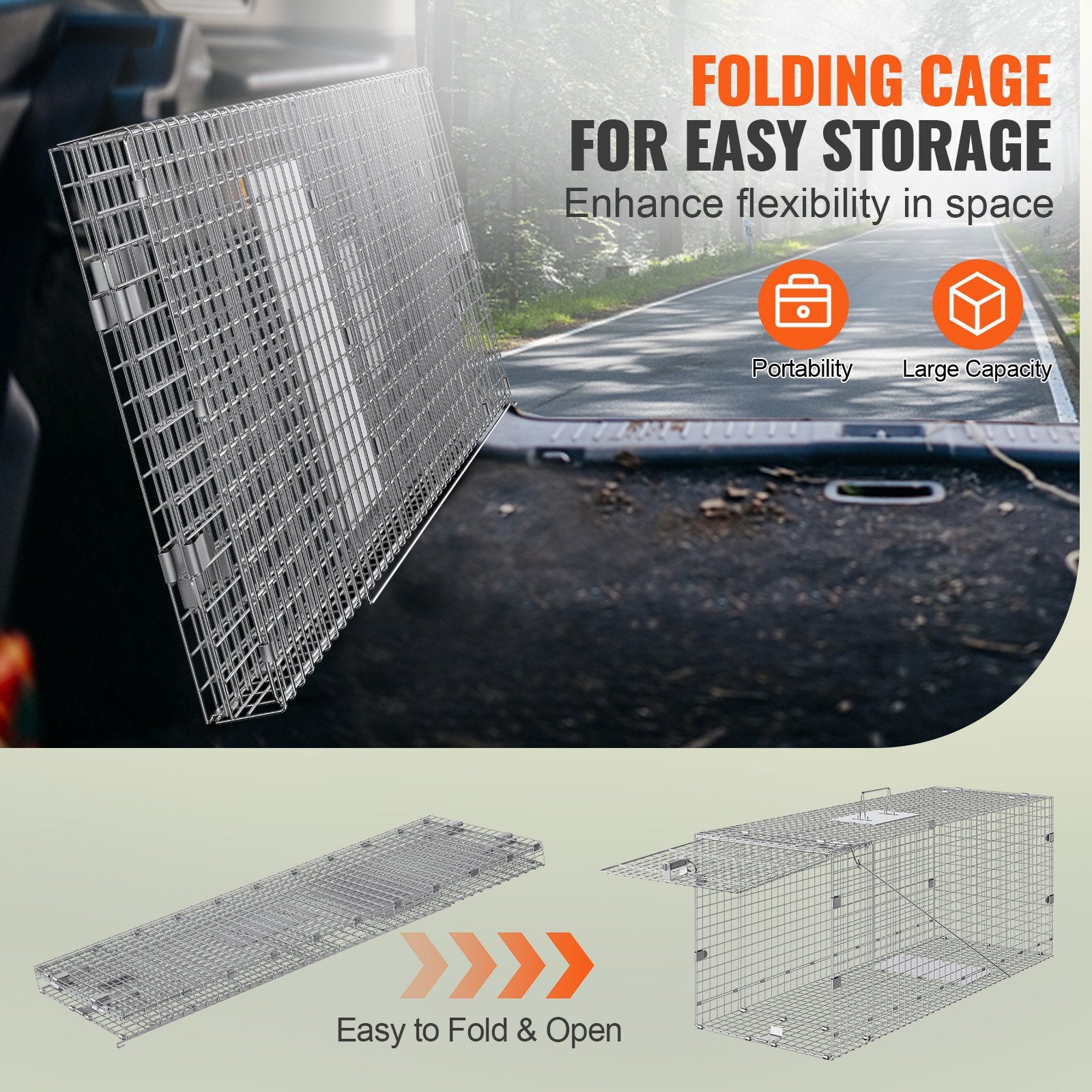 Live Animal Cage Trap, Humane Cat Trap Galvanized Iron, Folding Animal Trap With Handle For Stray Dogs, Armadillos, Raccoons, Marmots, Foxes