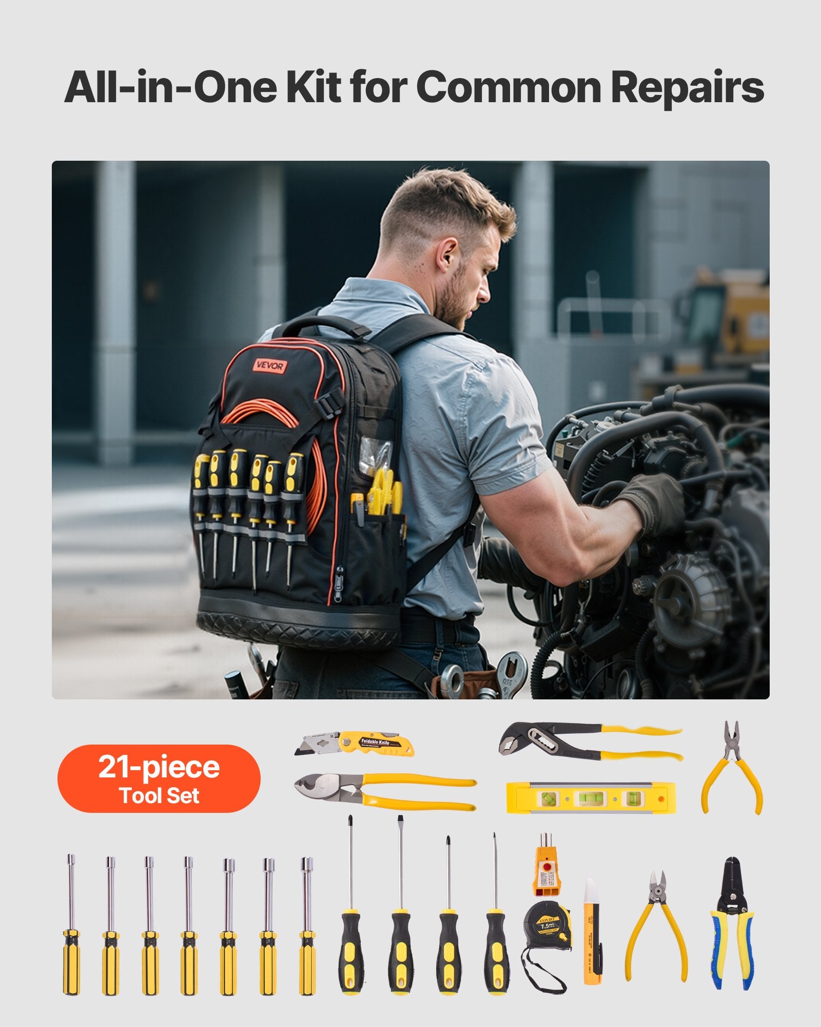 Tool Backpack With Tools, 65 Pockets, Heavy-duty Tools Storage Organizer Bags With Laptop Compartment & Molded Base, Electrician Jobsite Backpack For Electrician, Repairman, And HVAC Techs