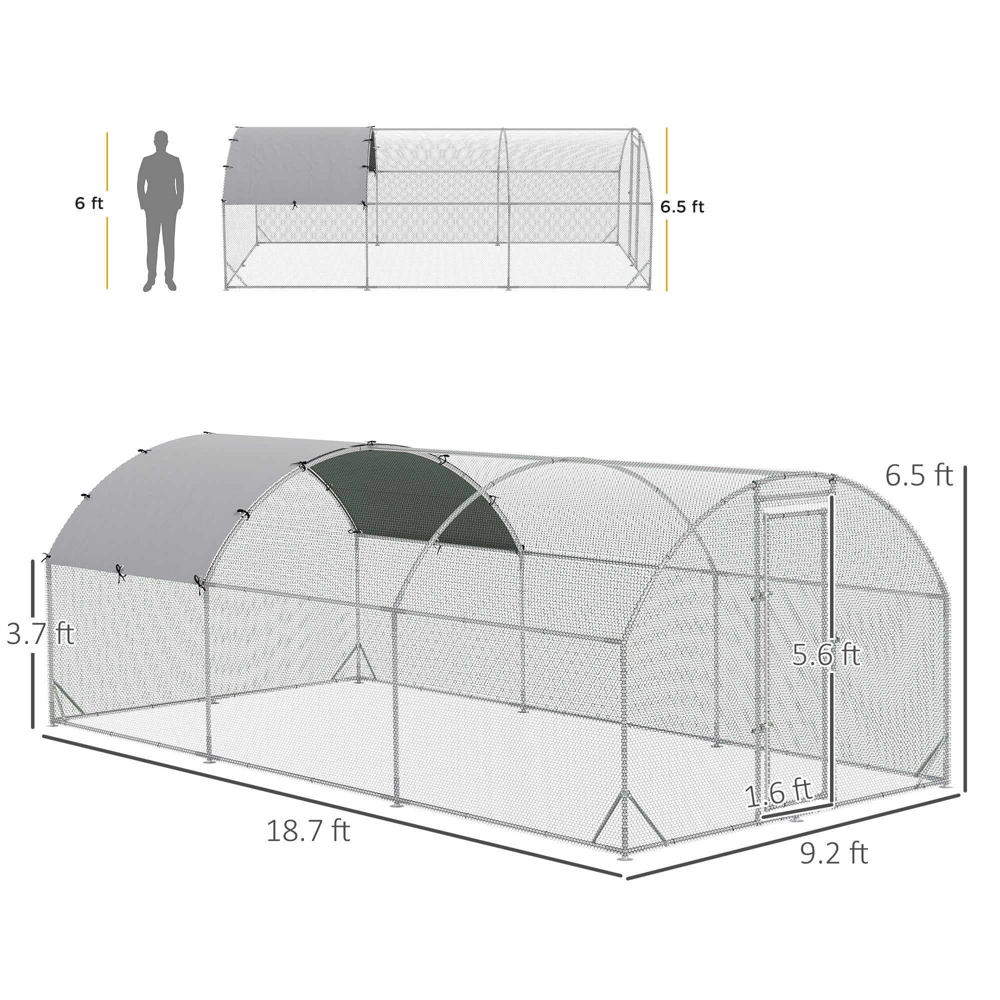 Large Chicken Coop Metal Chicken Run With Waterproof And Anti-UV Cover, Dome Shaped Walk-in Fence Cage Hen House For Outdoor And Yard Farm Use, 1" Tube Diameter, 9.2' X 18.7' X 6.5'