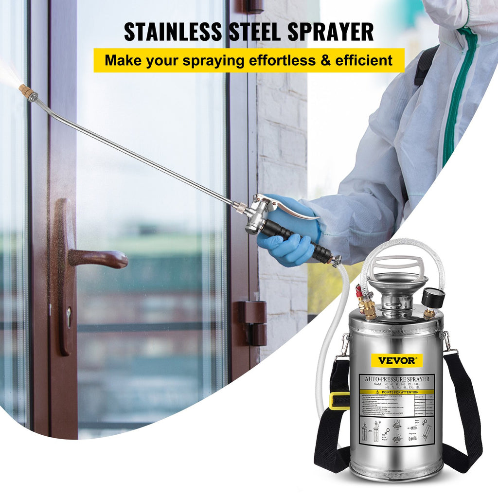 1.5Gal Stainless Steel Sprayer, 3.3FT Reinforced Hose, Hand Sprayer With Pressure Gauge Safety Valve, Adjustable Nozzle Suitable For Gardening  Sanitizing