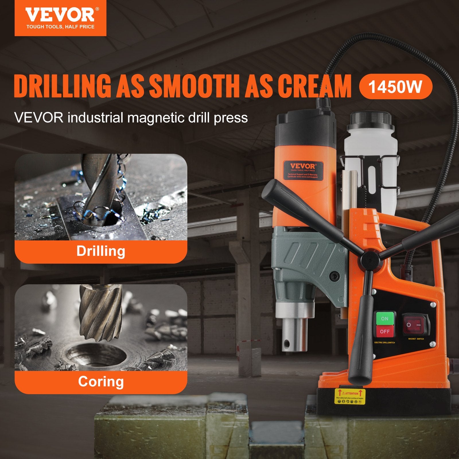 Magnetic Drill, 1450W  Boring Diameter, 12500N 850 RPM Portable Electric Mag Drill Press, Drilling Machine For Any Surface Home Improvement Industry Railway