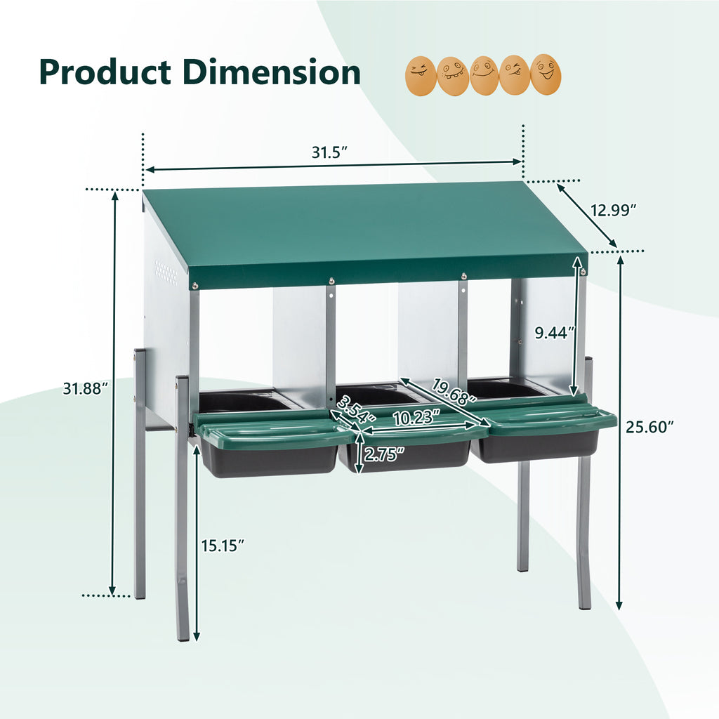 Nesting Boxes For Chickens, 3 Holes Chicken Nesting Boxes With Legs, Chicken Laying Box With Lid Cover, For Outdoor Chicken Coop Farm Yard, Rreen