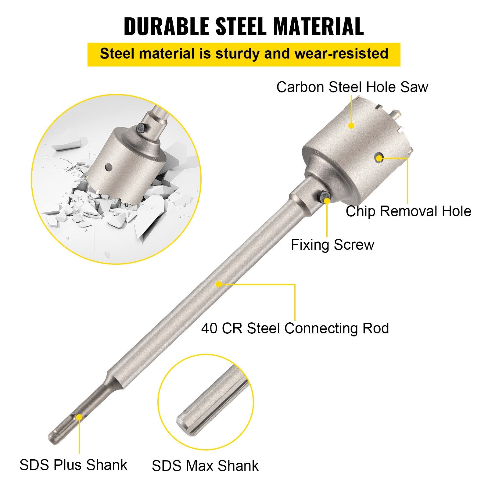 Concrete Hole Saw Kit, 1-2/11', 1-3/5', 2-9/16', 3-5/32', 3-15/16' Drill Bit Set SDS Plus & SDS MAX Shank Wall Hole Cutter W/a 4-1/3' Connecting Rod For Concrete, Cement, Stone Wall, Masonry