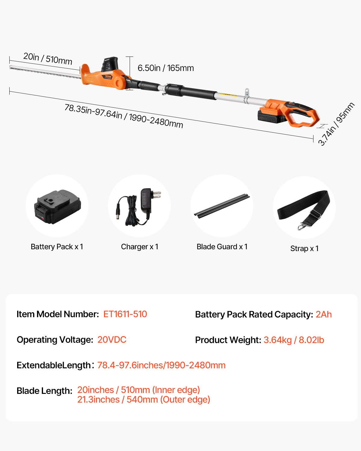 Cordless Electric Hedge Trimmer 20V 1200RMP With 20in Blade Extendable Trimmer