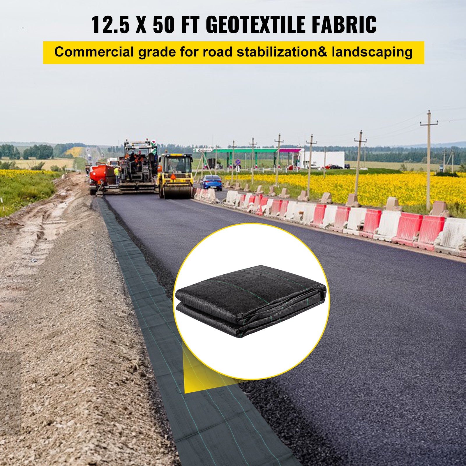 VEVOR Geotextile Fabric, 12.5 X 50 Ft 3.5oz Woven PP Driveway Drain Cloth W 600lbs Tensile Strength, Heavy Duty Underlayment For Soil Stabilization, Landscaping, Weed Barrier, 12.5FT50FT-3.5OZ, Black
