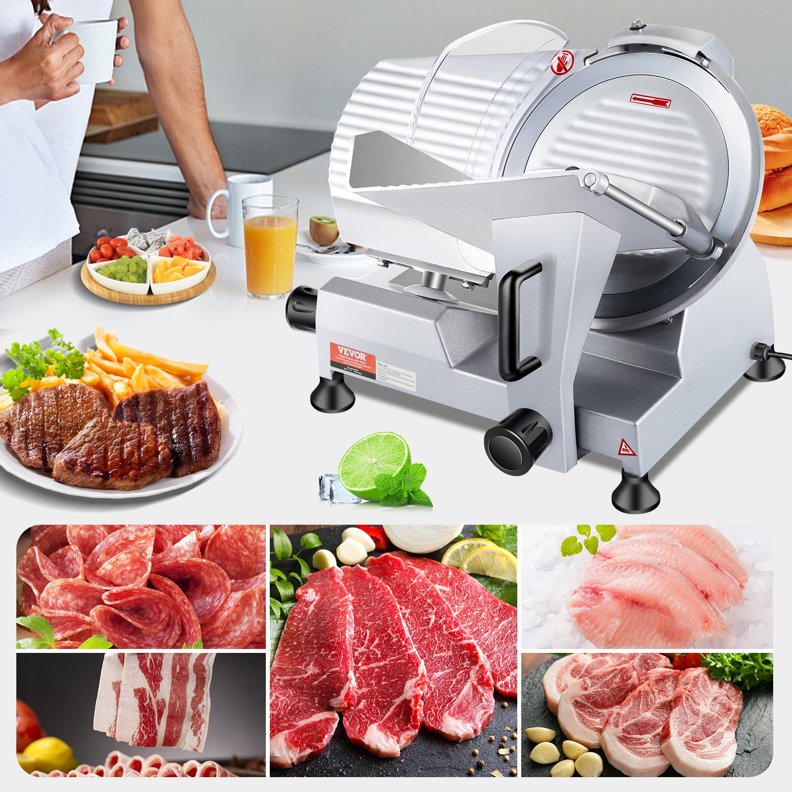 240W Commercial Meat Slicer, Electric Deli Food Slicer, Carbon Steel Blade Electric Food Slicer, 350-400RPM Meat Slicer, 0 - 0.47 Inch Thickness Adjustable For Commercial And Home Use