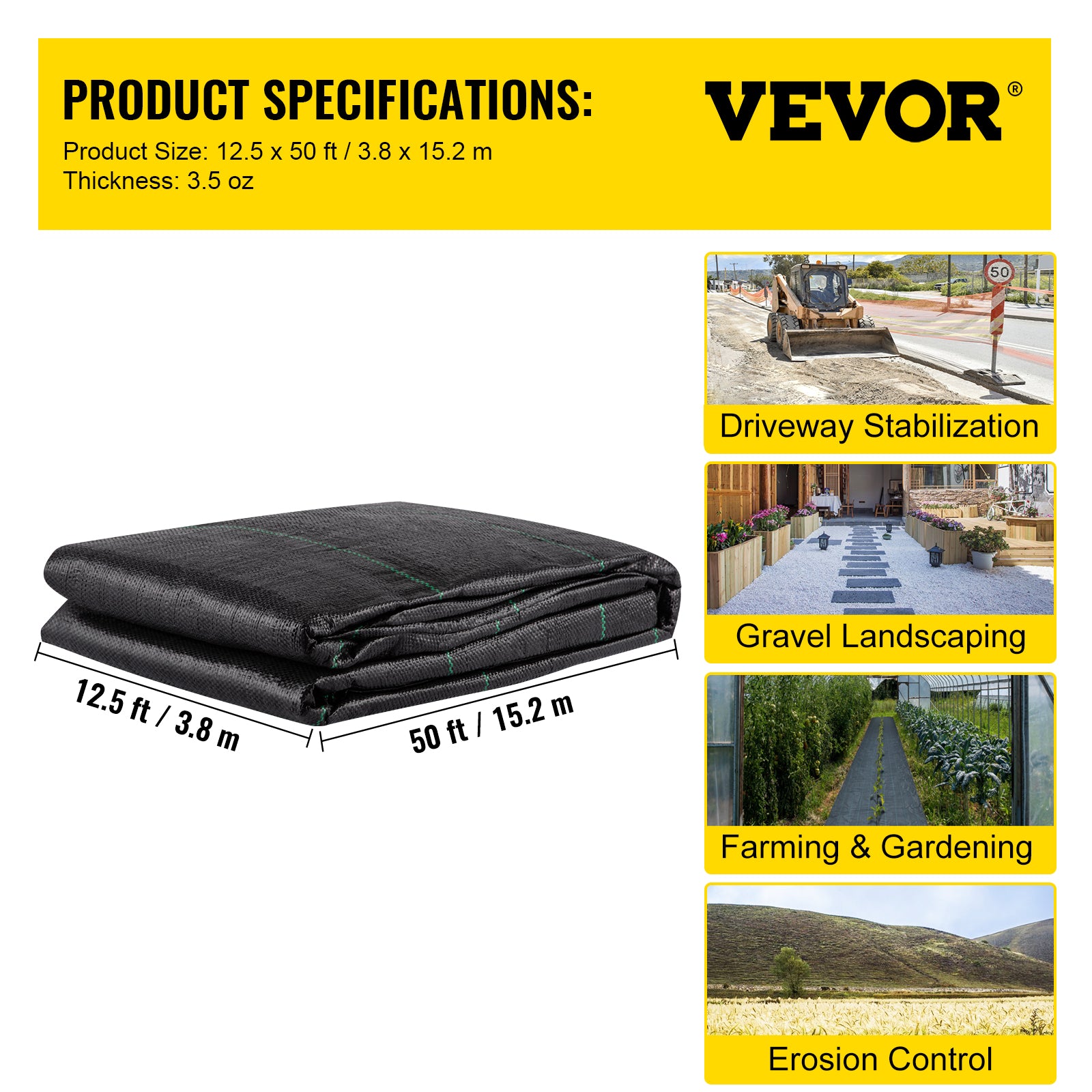 VEVOR Geotextile Fabric, 12.5 X 50 Ft 3.5oz Woven PP Driveway Drain Cloth W 600lbs Tensile Strength, Heavy Duty Underlayment For Soil Stabilization, Landscaping, Weed Barrier, 12.5FT50FT-3.5OZ, Black