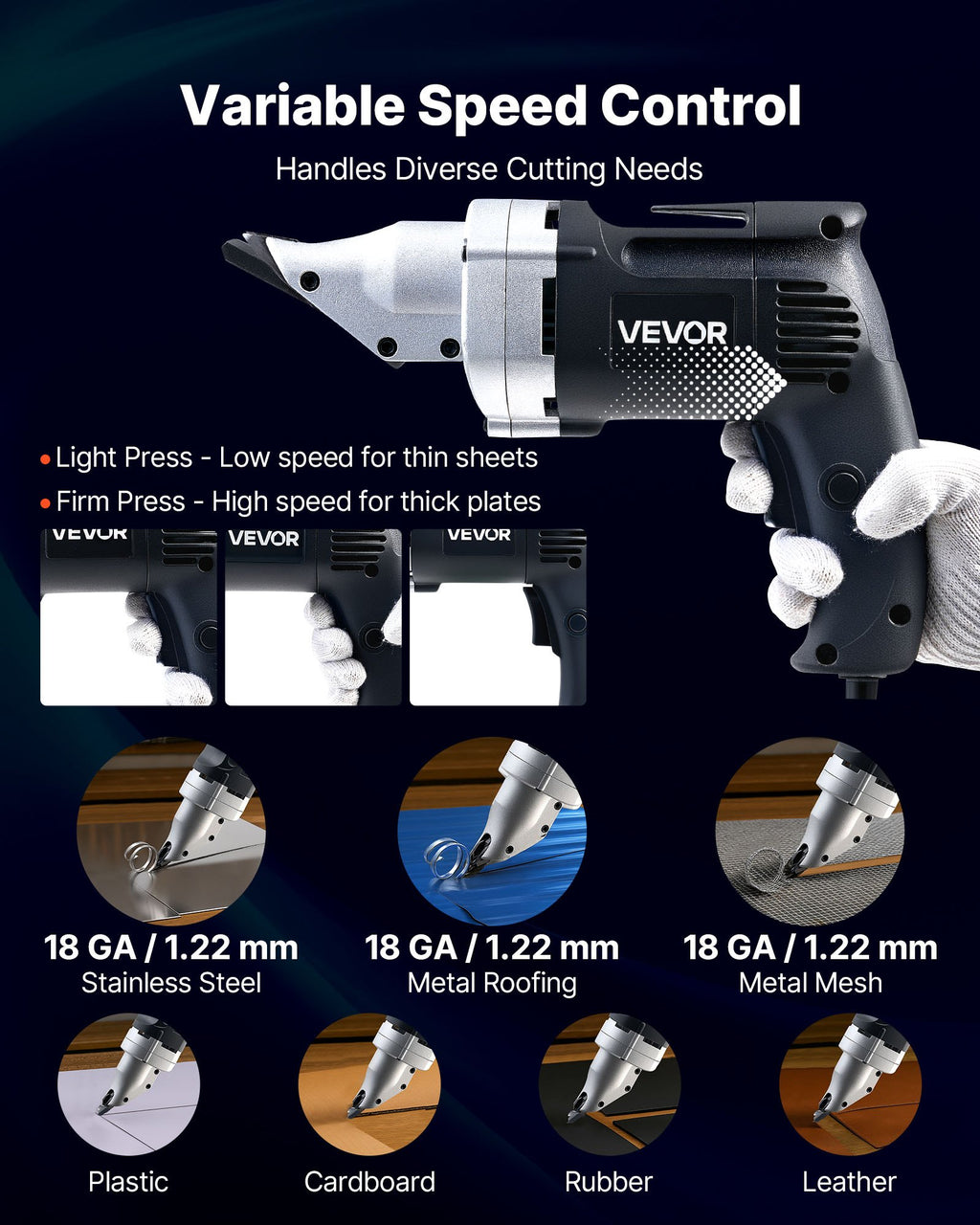 Electric Metal Shear, 4.0-Amp Corded Sheet Metal Cutter With 360-Degree Swivel Head, Variable Speed, Continuous Cutting, Clean Cut For 18GA Galvanized Steel, 20 GA Stainless Steel, 2500 SPM