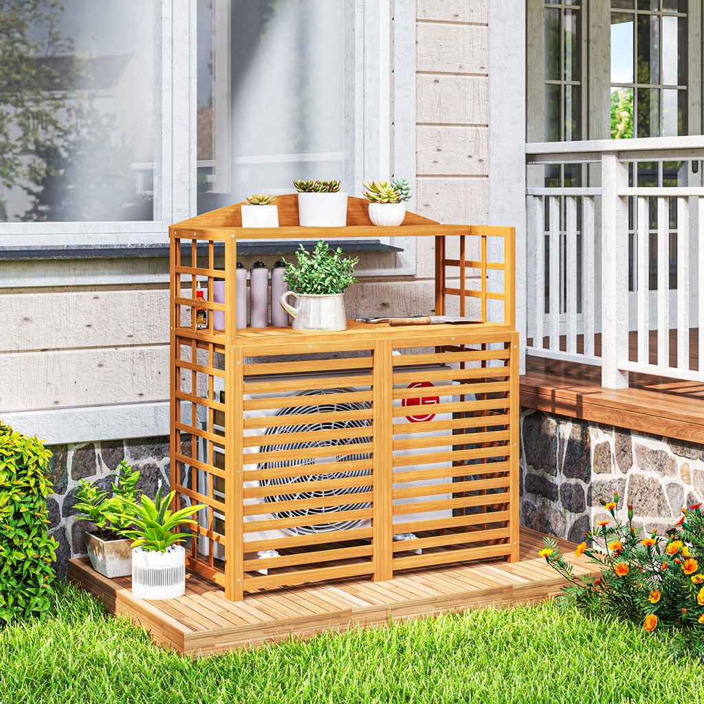 Outdoor Air Conditioner Fence Privacy Screen, Wood AC Fence Potting Table with Shelves for Patio, Light Brown