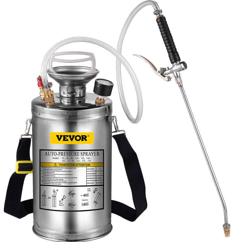 1.5Gal Stainless Steel Sprayer, 3.3FT Reinforced Hose, Hand Sprayer With Pressure Gauge Safety Valve, Adjustable Nozzle Suitable For Gardening  Sanitizing