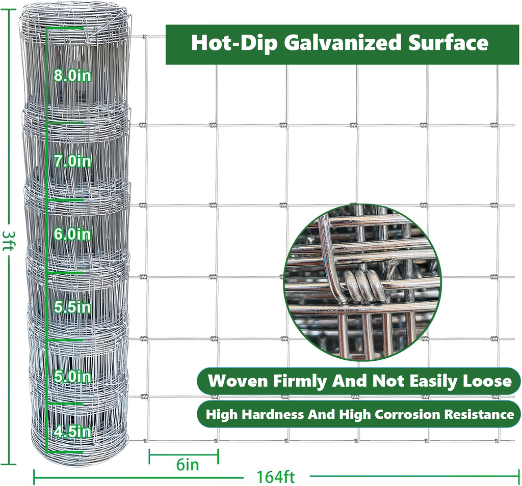 Farm Fence 3ft X 164ft 14Gauge Heavy Zinc Coating Cattle Fence,Galvanized Field Wire Fencing Deer Fence,Goat Fence,Hog Wire Fencing For Yard Livestock & Animals Protection