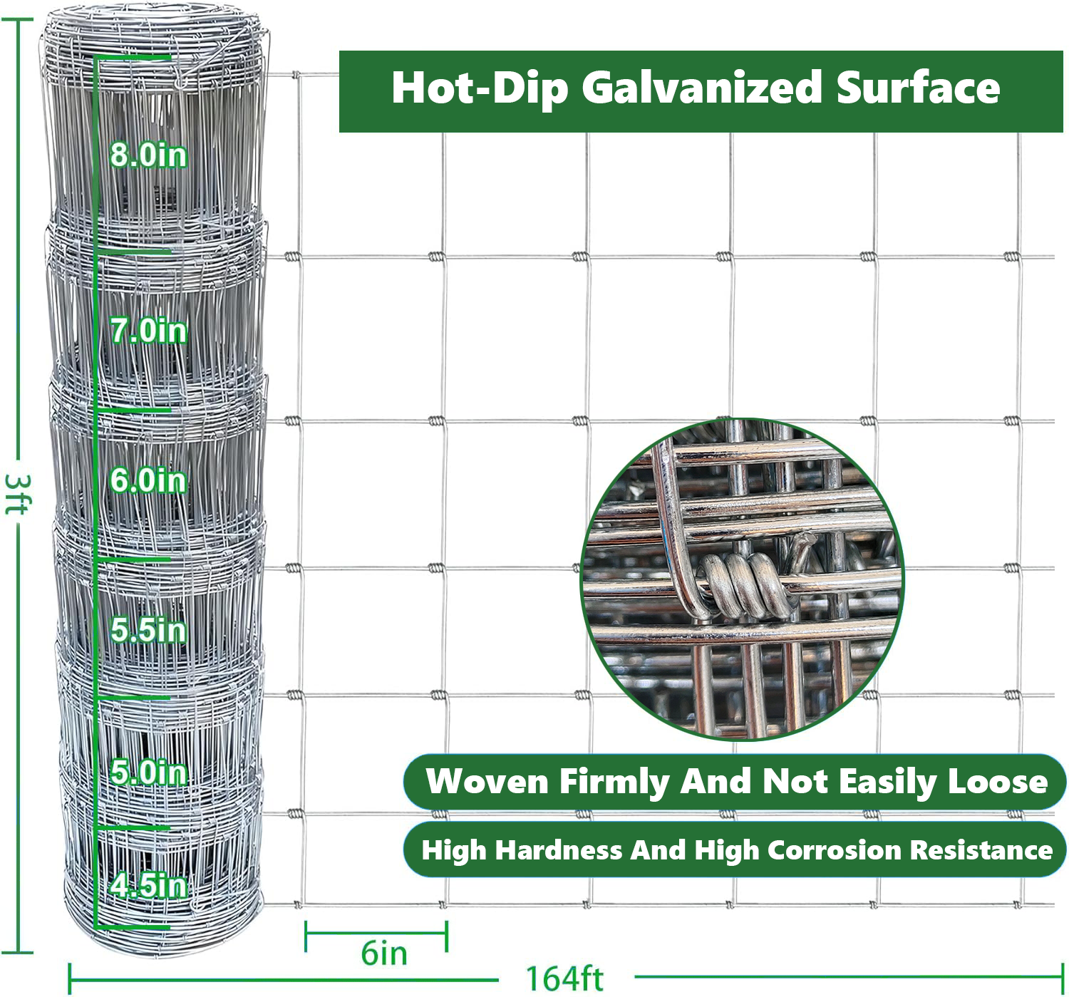 Farm Fence 3ft X 164ft 13Gauge Heavy Zinc Coating Cattle Fence,Galvanized Field Wire Fencing Deer Fence,Goat Fence,Hog Wire Fencing For Yard Livestock & Animals Protection