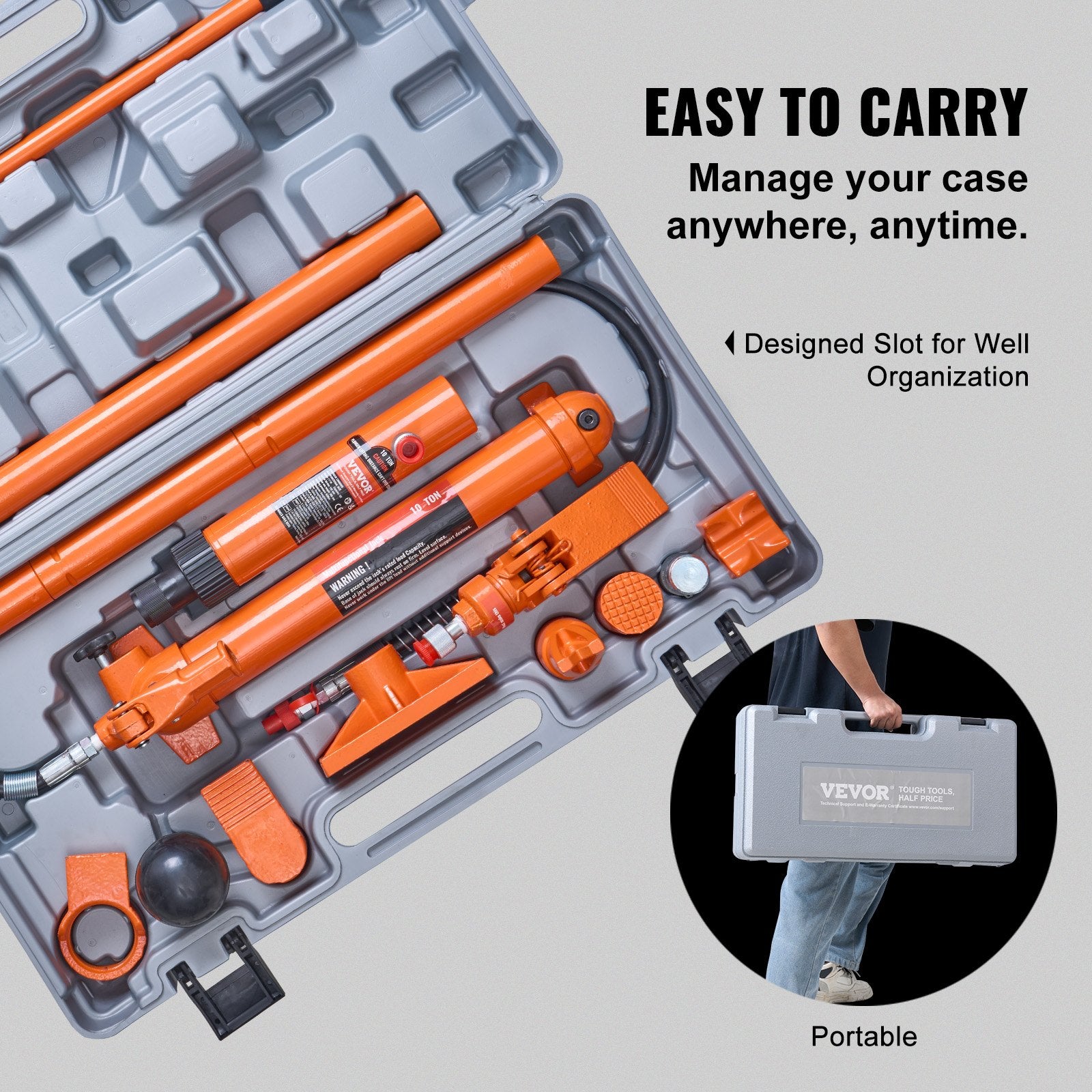 12 Ton Porta Power Kit, Portable Hydraulic Jack With 4.6 Ft/1.4 M Oil Hose, Auto Body Frame Repair Kit With Storage Case For Car Repair, Truck, Farm
