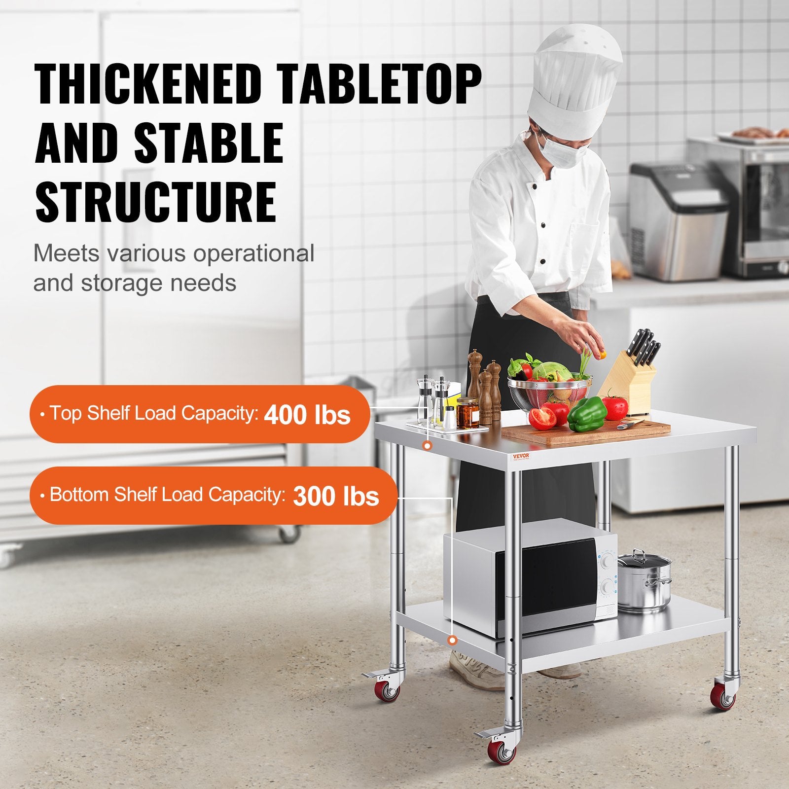 30x36x34 Inch Stainless Steel Work Table 3-Stage Adjustable Shelf With 4 Wheels Heavy Duty Commercial Food Prep Worktable With Brake For Kitchen Prep Work