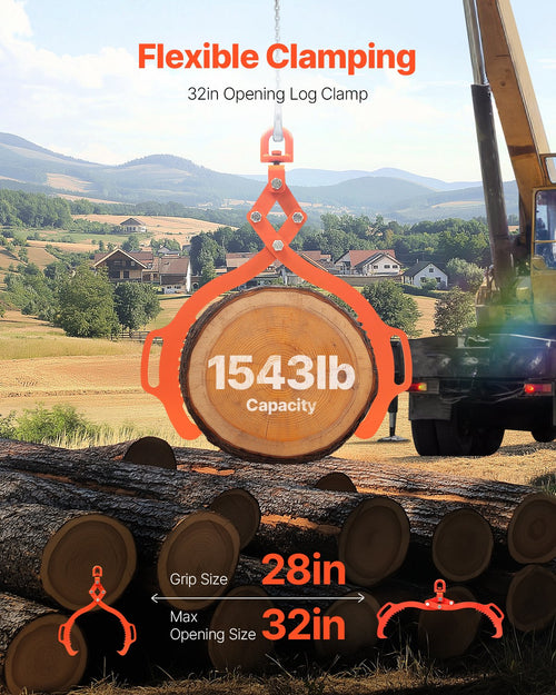 32in Log Lifting Tongs 2 Claw Solid Steel Log Grapple Swivel Log Tools
