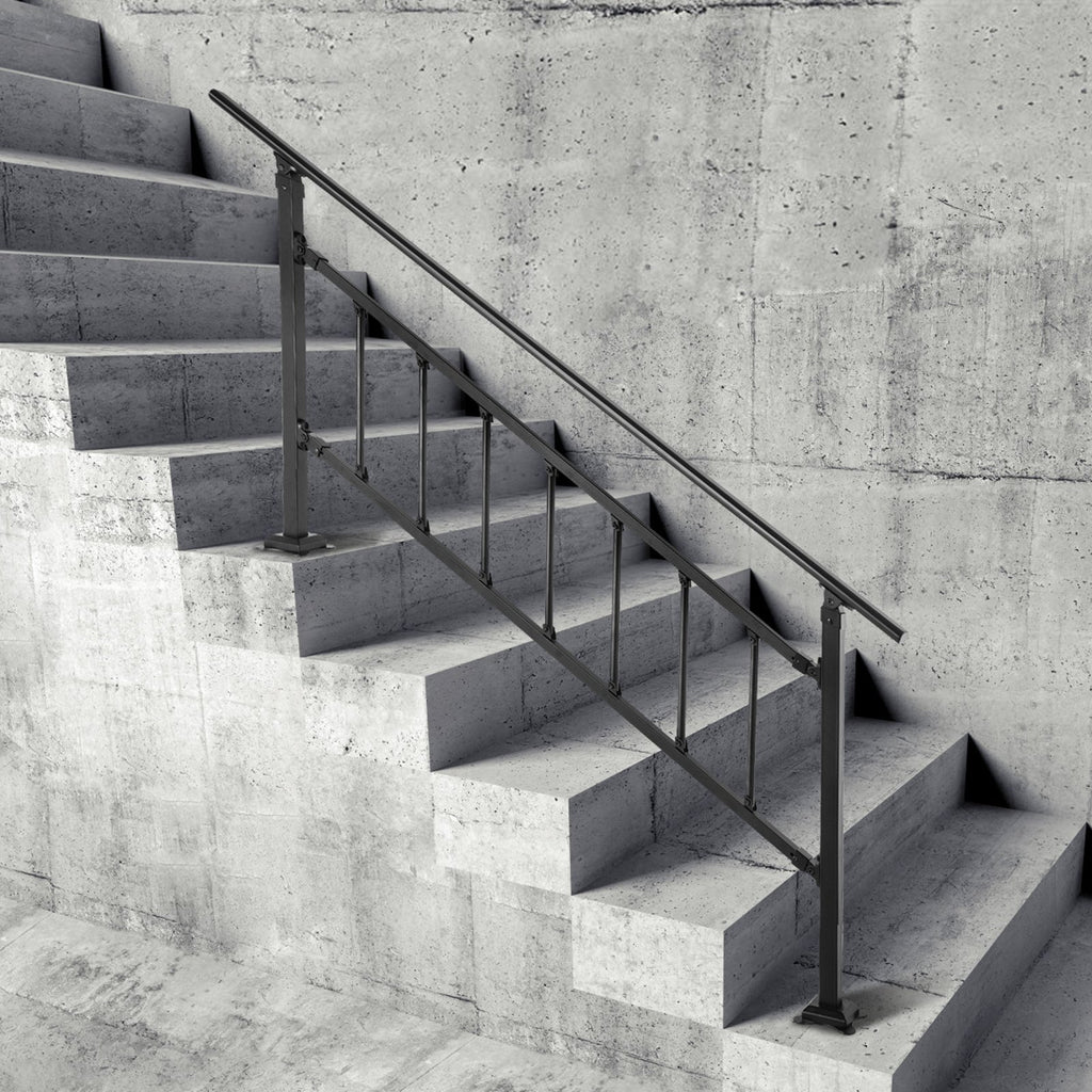 Outdoor Stair Railing, Fits For 1-5 Steps Transitional Wrought Iron Handrail, Adjustable Exterior Stair Railing With Fence, Handrails For Concrete Steps With Installation Kit, Matte Black