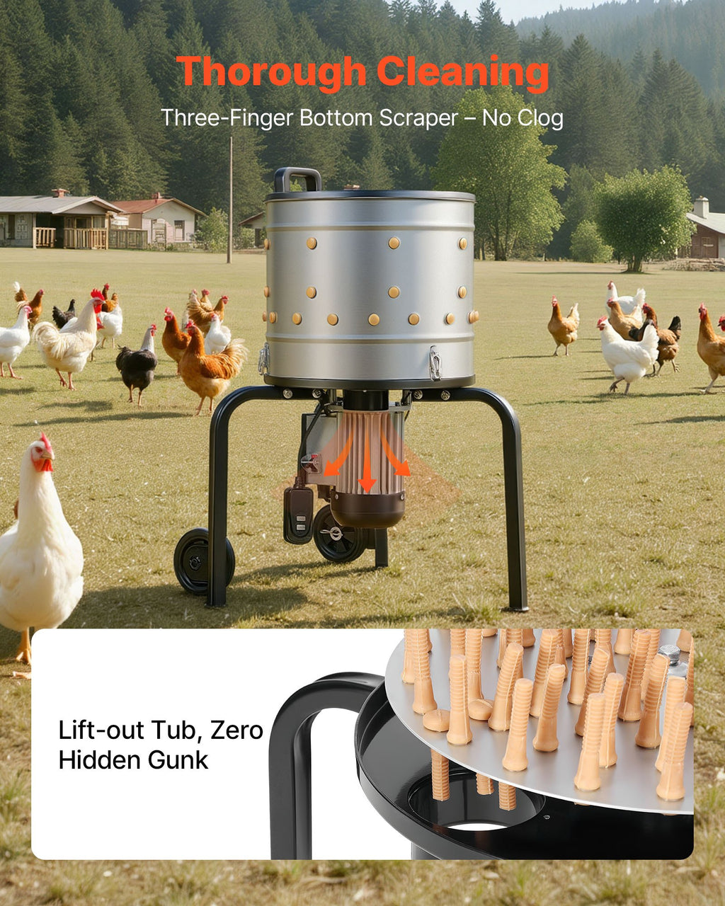 Chicken Plucker Machine, 15.7 In Drum, 550W & 275RPM Electric Chicken Plucking Machine With 114 Soft Fingers & Transport Wheels, Stainless Steel Feather Remover For Processing 1-2 Chicks Once