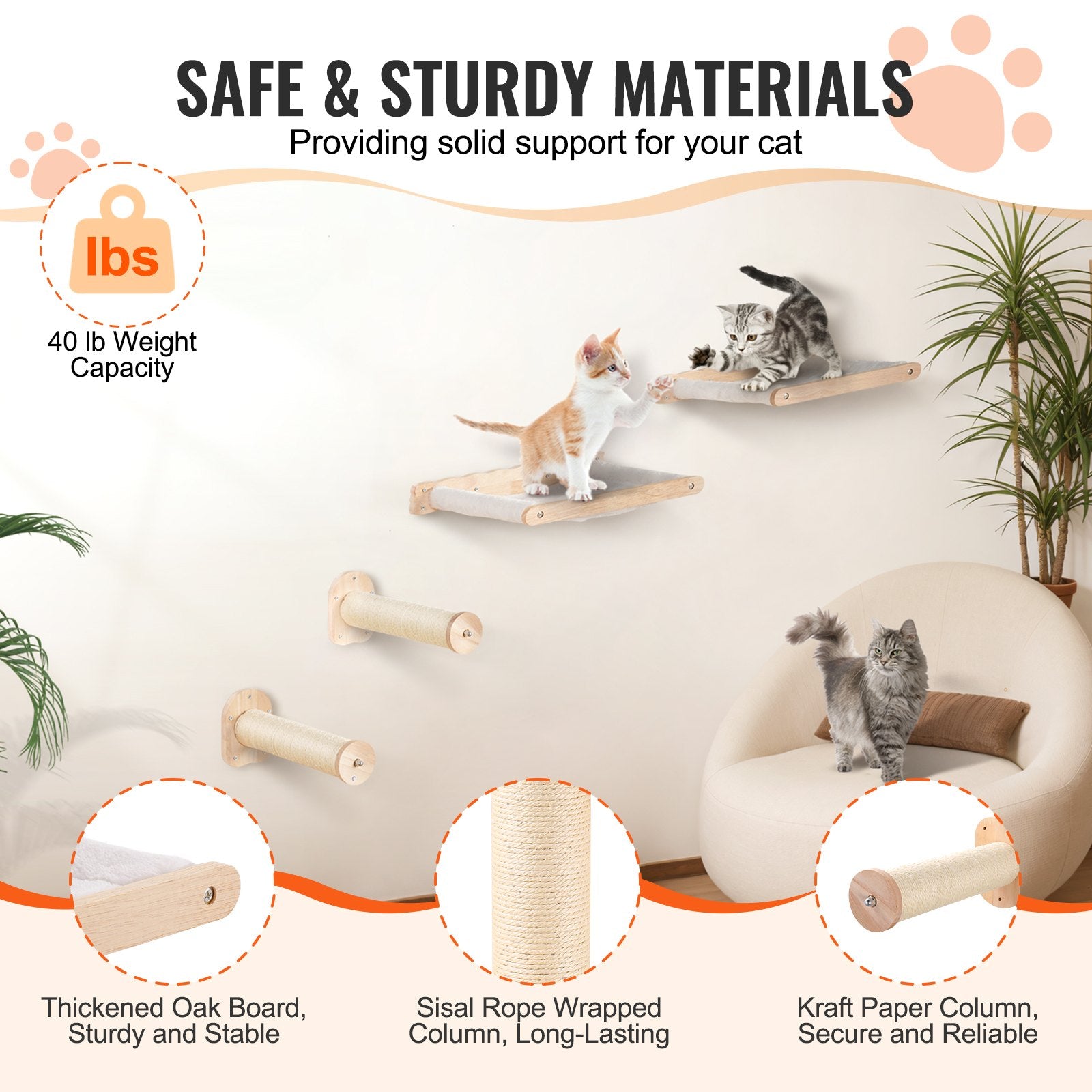 Wall Mounted Cat Shelves With 2 Jumping Posts & 2 Hammocks Up To 40 Lbs