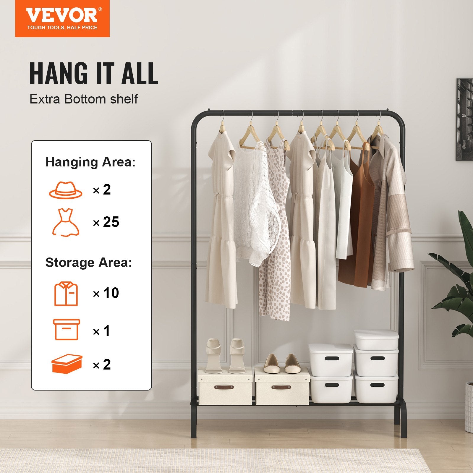 Clothes Rack, Heavy Duty Clothing Garment Rack With Hanging Rod And Bottom Storage Area, Clothing Rack For Bedroom Guest Room