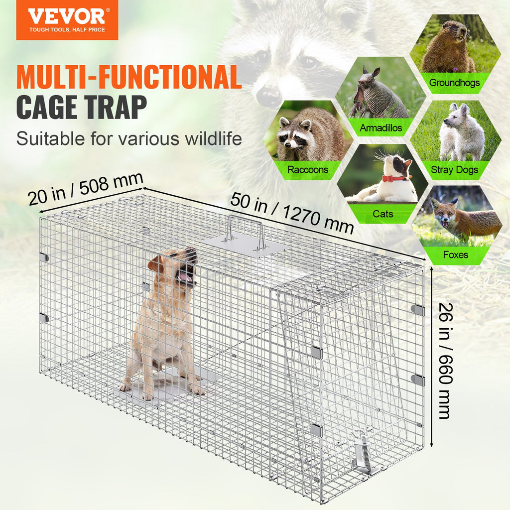 Live Animal Cage Trap, Humane Cat Trap Galvanized Iron, Folding Animal Trap With Handle For Stray Dogs, Armadillos, Raccoons, Marmots, Foxes