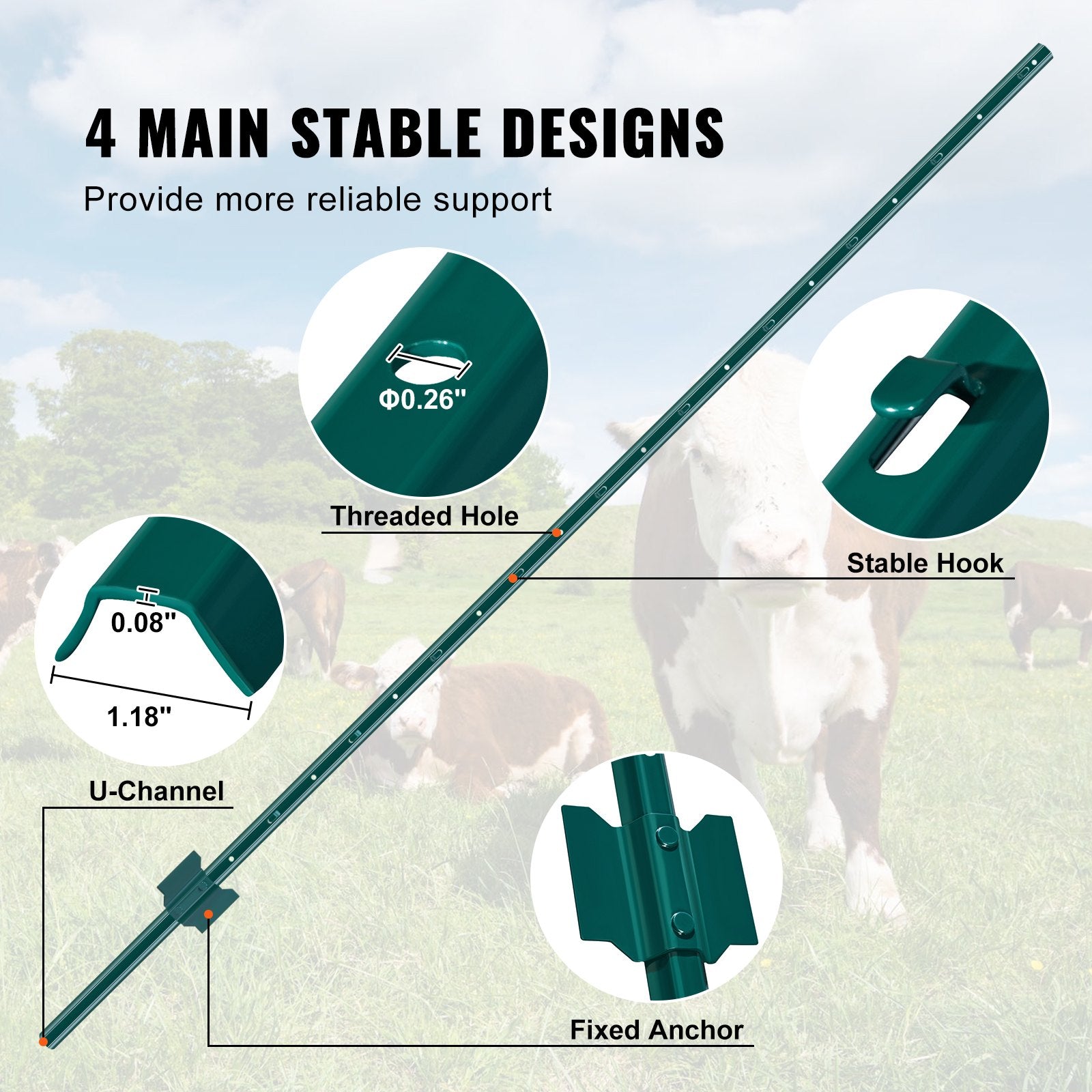 6 Feet Fence Post 6 Pack U-Channel Heavy Duty Metal Fence Posts Green