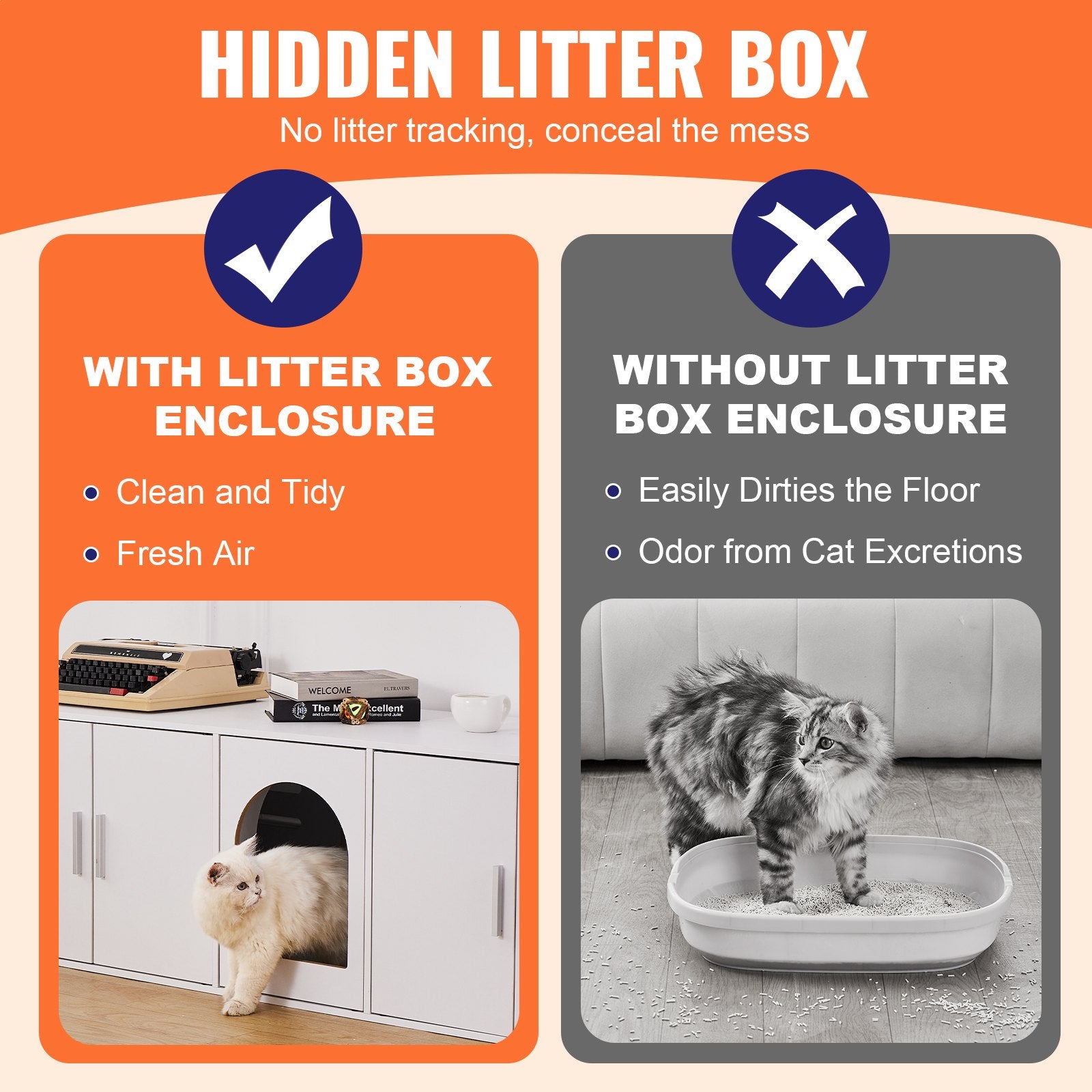Cat Litter Box Enclosure Wooden Litter Box Furniture Hidden  White