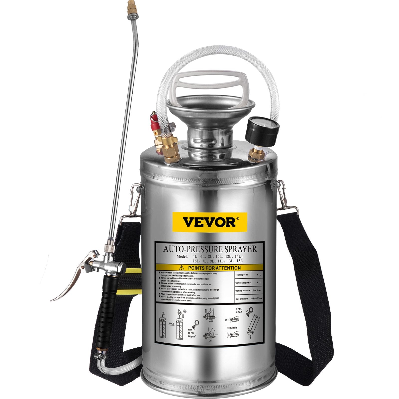 1.5Gal Stainless Steel Sprayer, 3.3FT Reinforced Hose, Hand Sprayer With Pressure Gauge Safety Valve, Adjustable Nozzle Suitable For Gardening  Sanitizing
