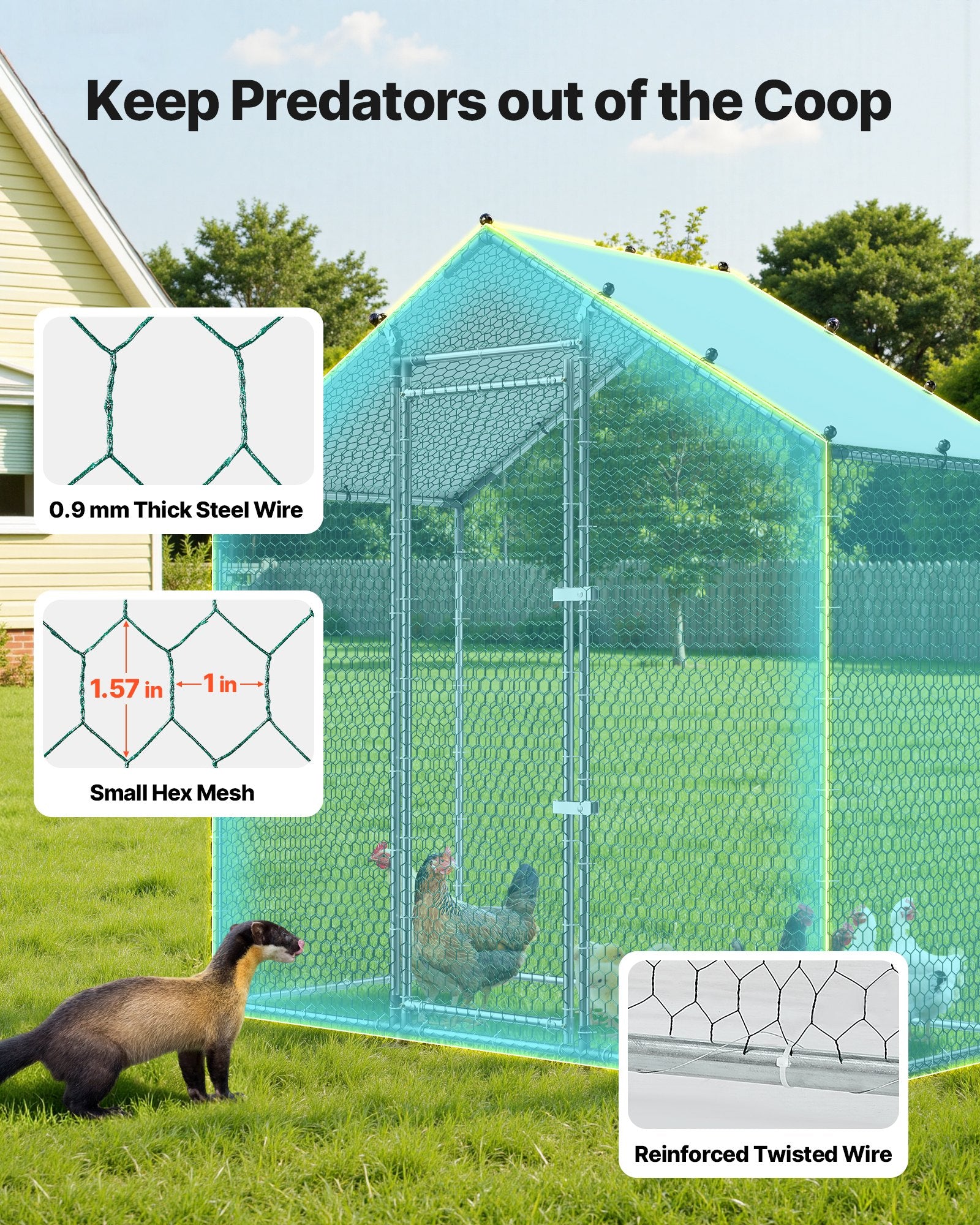Large Metal Chicken Coop,6.6 X 3.3 X 6.6 Ft, Walk-in Chicken Run House With Waterproof Cover & Sturdy Frame, Spire Roof Poultry Cage Duck Pen For Rabbit Hen Goose Outdoor Backyard Farm Use