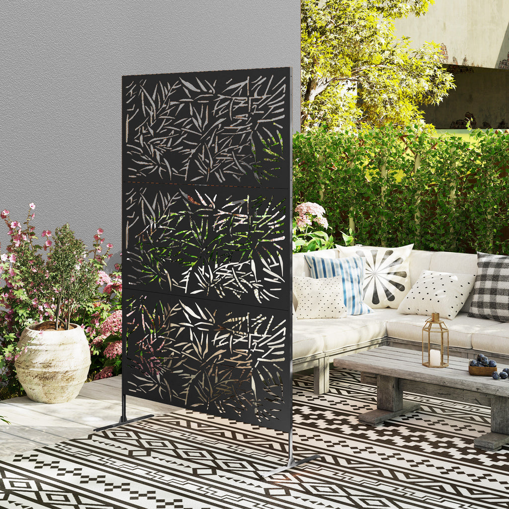 Decorative Privacy Fence Screen, Metal Outdoor Privacy Screen Climbing Plant Trellis with Stand, Bamboo Black