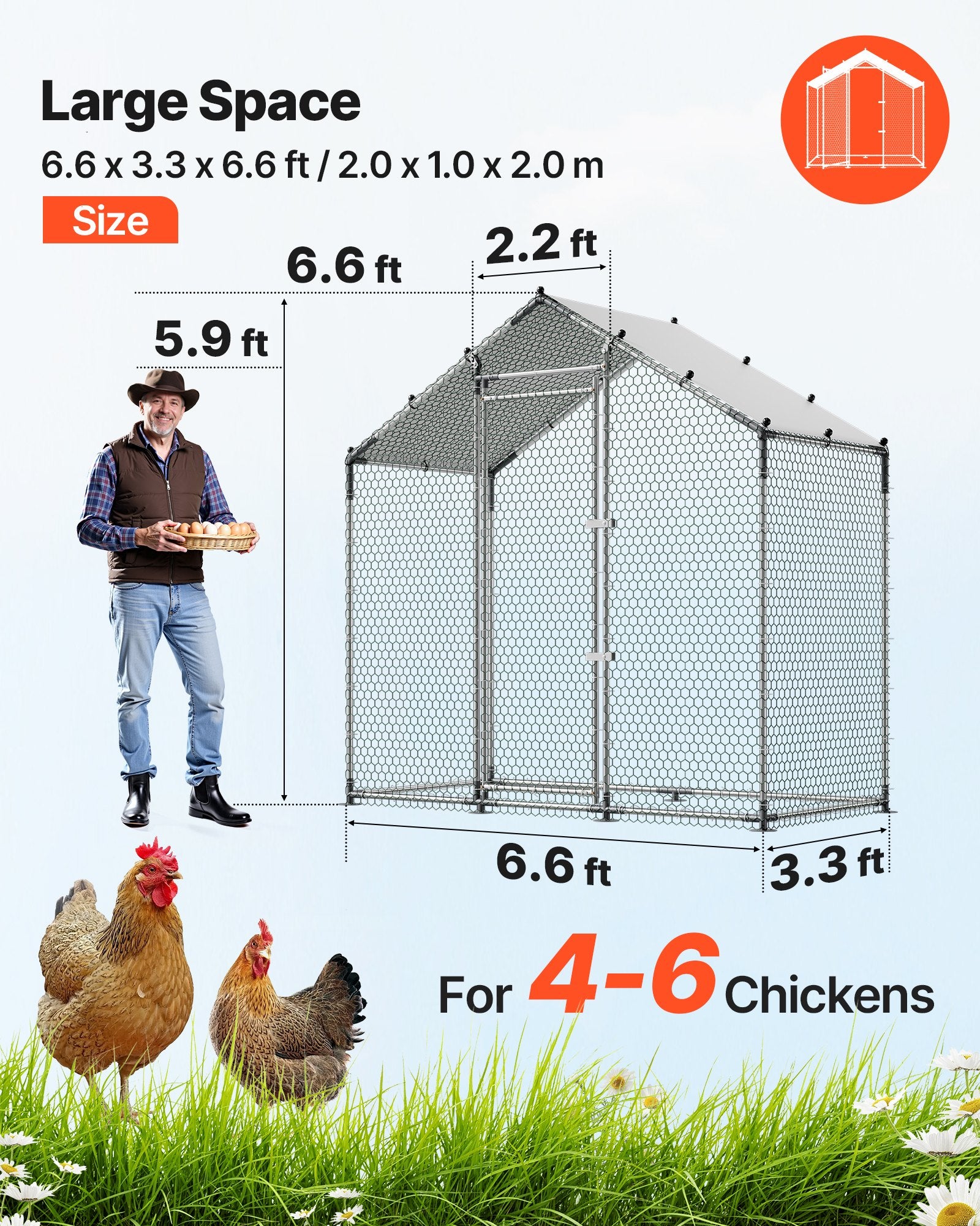 Large Metal Chicken Coop,6.6 X 3.3 X 6.6 Ft, Walk-in Chicken Run House With Waterproof Cover & Sturdy Frame, Spire Roof Poultry Cage Duck Pen For Rabbit Hen Goose Outdoor Backyard Farm Use