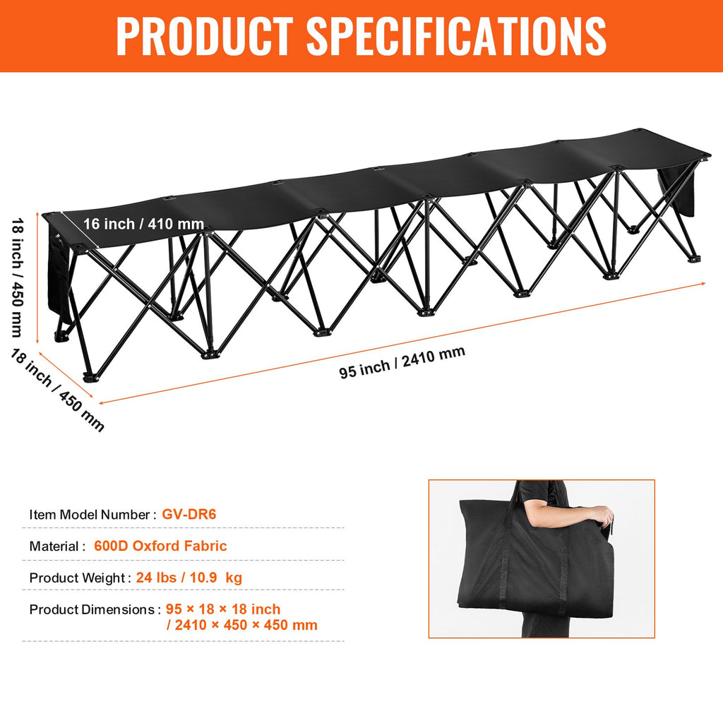 6 Seat Portable Folding Sport Bench Farm Camping Chair With Carry Bag
