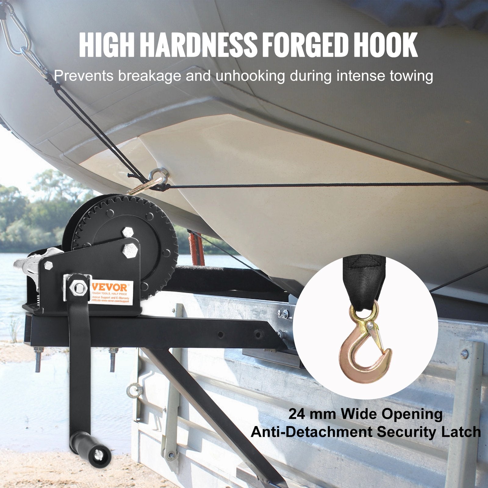 Hand Winch, 2000 Lbs Pulling Capacity, Boat Trailer Winch Heavy Duty Rope Crank With 23 Ft Polyester Strap And Two-Way Ratchet, Manual Operated Hand Crank Winch For Trailer, Boat Or ATV Towing