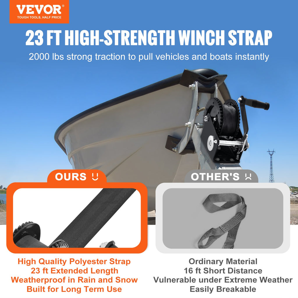 Hand Winch, 2000 Lbs Pulling Capacity, Boat Trailer Winch Heavy Duty Rope Crank With 23 Ft Polyester Strap And Two-Way Ratchet, Manual Operated Hand Crank Winch For Trailer, Boat Or ATV Towing