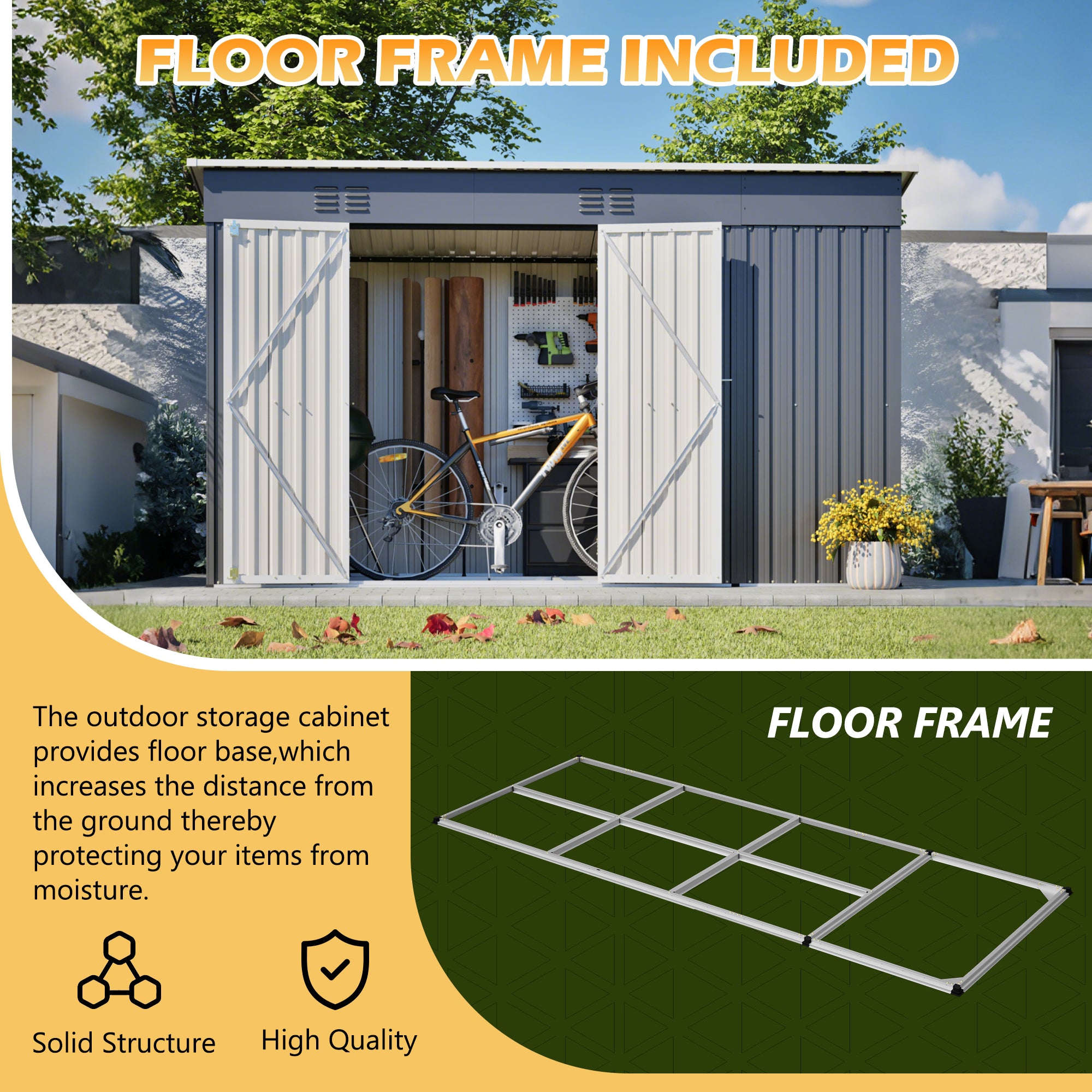 10'x4' Outdoor Metal Storage Shed For Garden Tools Lockable Door With Floor Frame