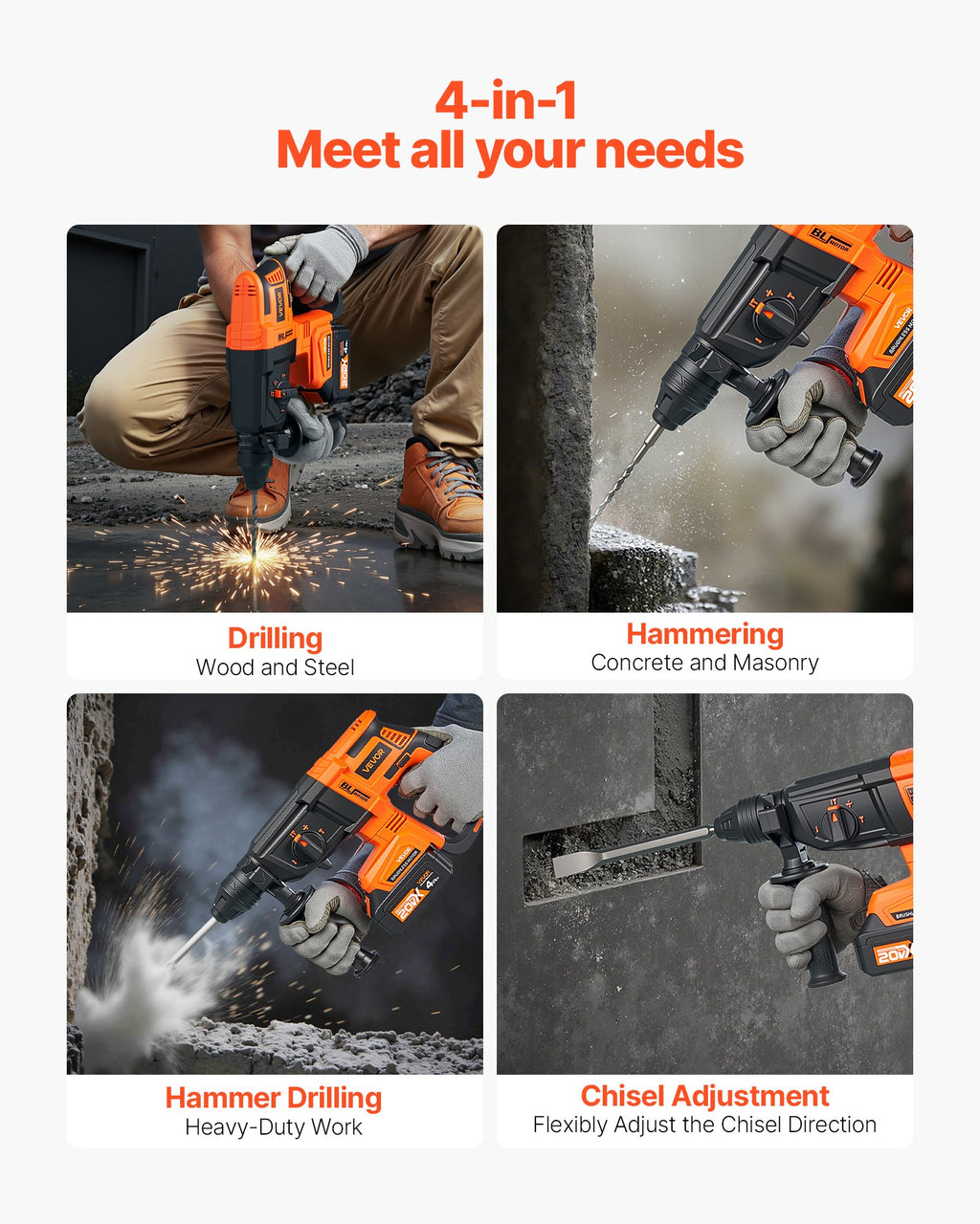 20V SDS-Plus Brushless Cordless Rotary Hammer Drill Kit 1.1 In 1200RPM 4Function